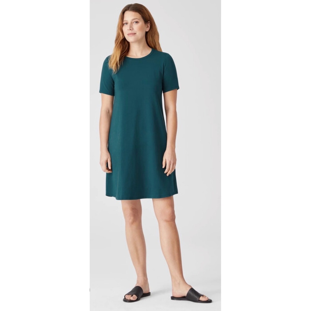 Eileen Fisher Teal Blue Short Sleeve Side Zip Shift Dress lightweight activewear